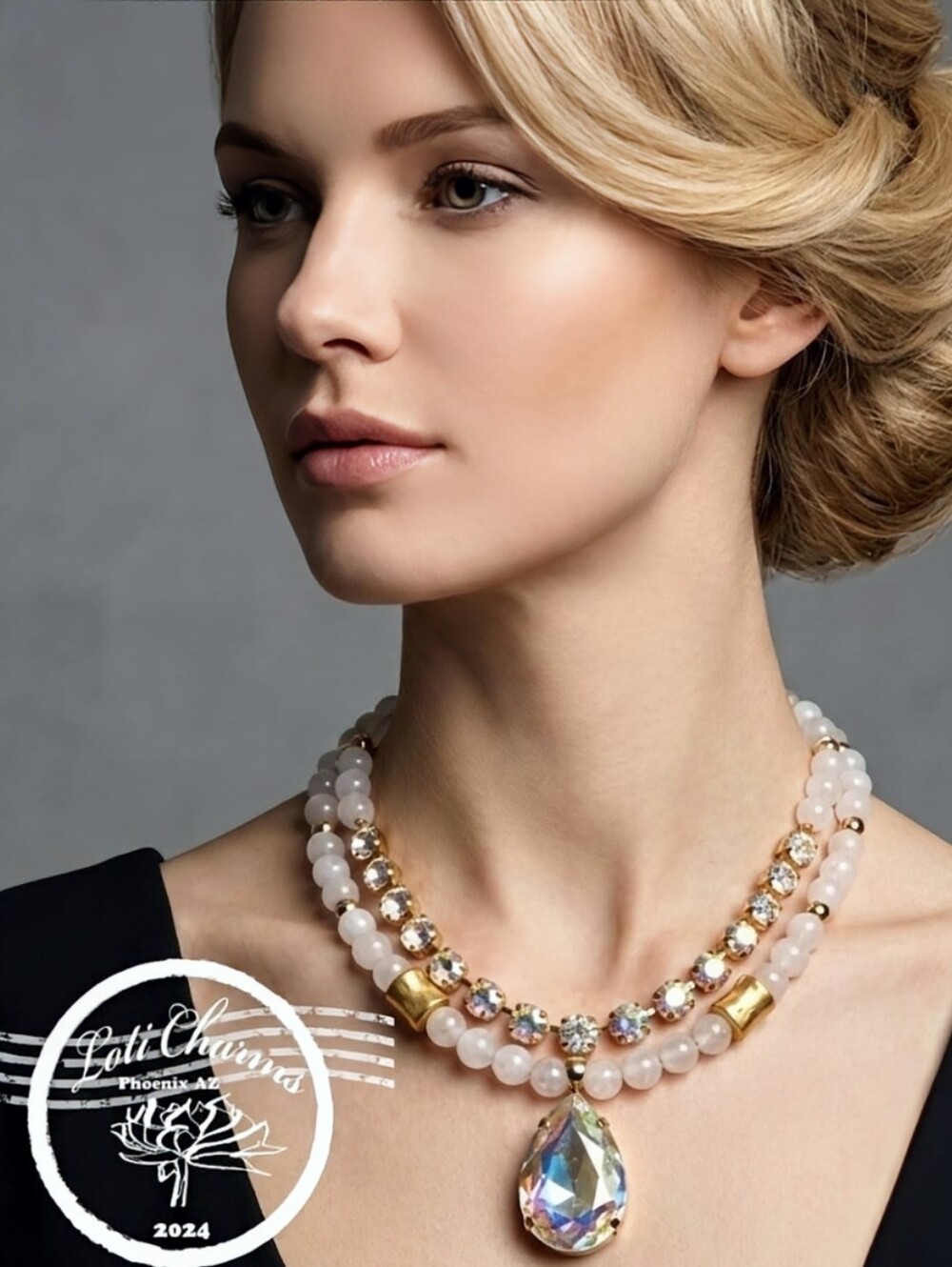 Natural White Jade & Selenite With Swarovski Crystal AB Two Strand Bead Necklace